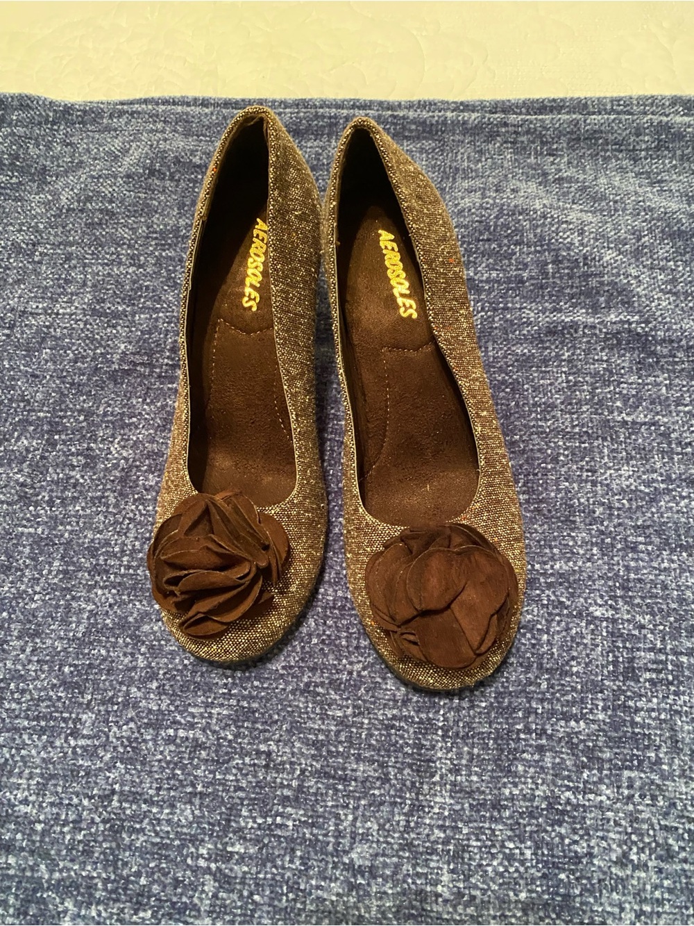 AEROSOLES Brown Tweed Like Round Toe Flower Accent Vintage Style Shoes, women 7
